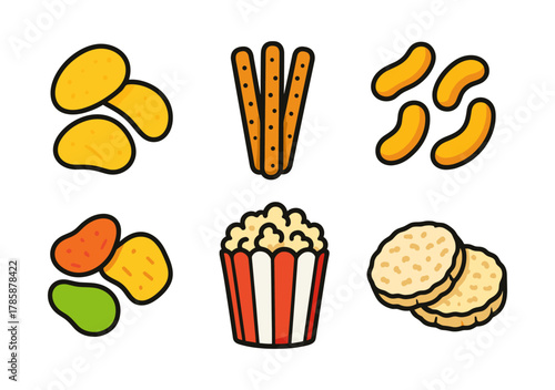 Colorful snack collection with chips, pretzels, and popcorn in flat design