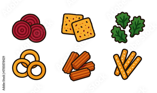 Colorful snack icons collection featuring chips and vegetables in cartoon style