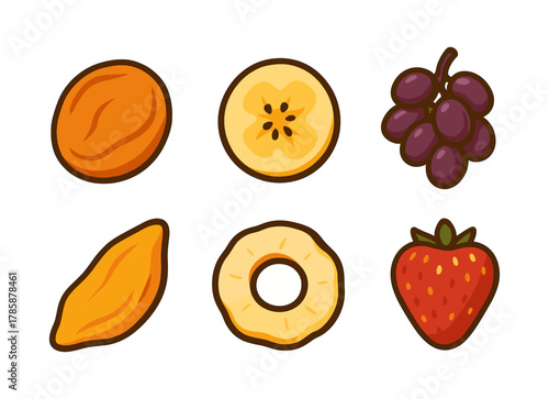 Colorful flat icons of various dried and fresh fruits on white background