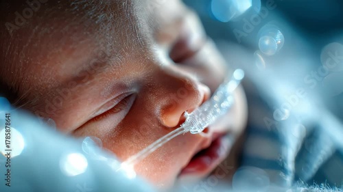 Close-up of a sleeping newborn baby with a breathing tube, representing neonatal care and medical support