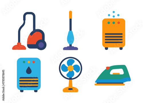 Colorful home appliances collection featuring vacuum, mop, dehumidifier, fan, and iron