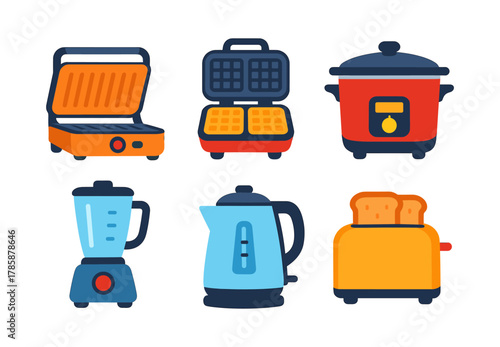 Colorful kitchen appliances collection featuring grill, waffle maker, and more