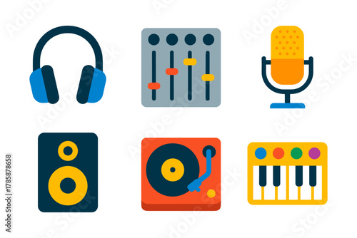 Colorful music icon set featuring headphones, turntable, and microphone for audio design
