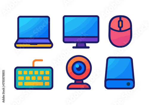 Colorful electronic device icons for technology and digital interfaces