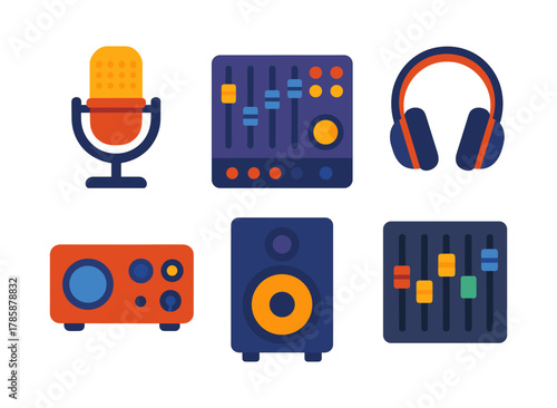 Colorful audio equipment icons in flat design featuring microphone, mixer, headphones, radio, speaker, and faders