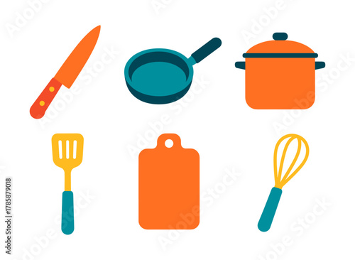 Colorful kitchen utensils set: knife, pan, pot, spatula, cutting board, whisk