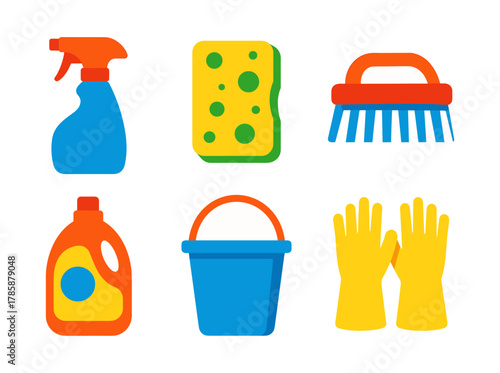 Colorful set of cleaning supplies in flat design
