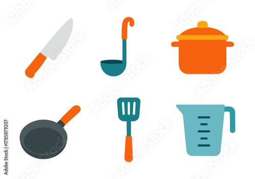 Colorful flat design kitchenware set with utensils and cookware icons