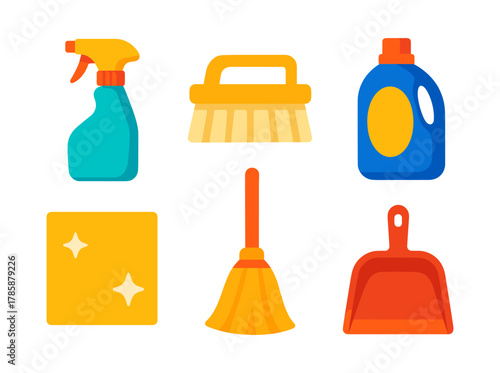 Colorful flat icons of cleaning supplies for home maintenance