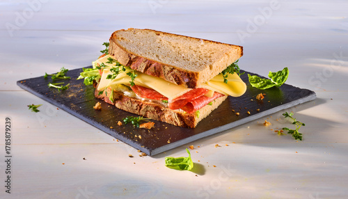 Brotzeit Schnitte mit Kaese und Salami, belegtes Brot, Käseschnitte, Frühstück, 
