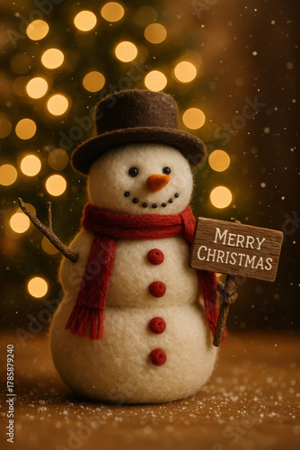 hristmas Greeting Card Background with Handmade Snowman and Lights