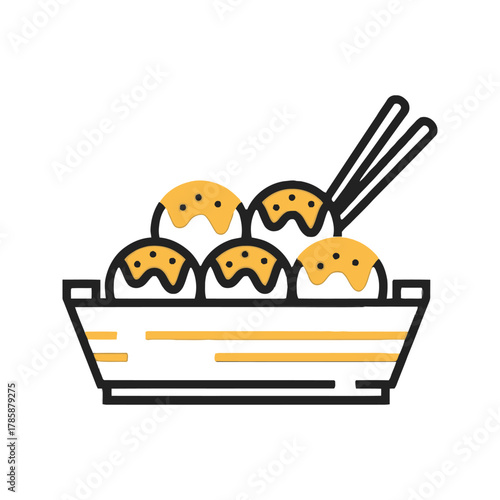 Takoyaki Japanese snack food in bowl with chopsticks.