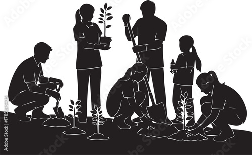 Diverse group planting trees and plants on international volunteer day family teamwork concept