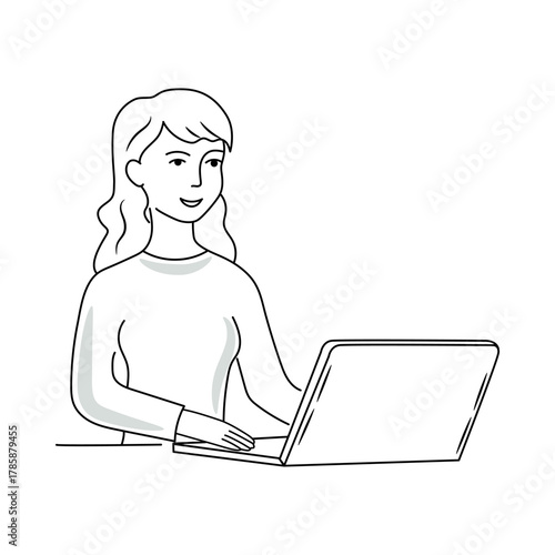 Happy businesswoman is working at a laptop. Work at home concept. Doodle hand drawn illustration.