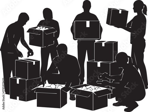 International volunteer day silhouette people assisting with donation boxes and community support