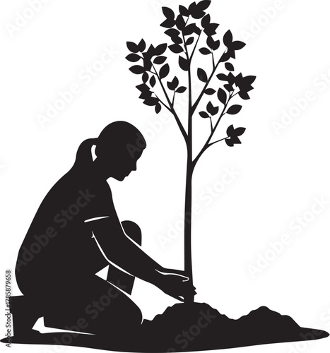 Silhouette of person planting a tree for international volunteer day celebration