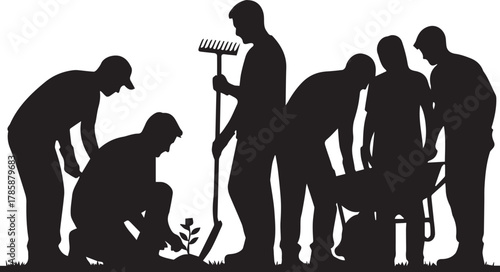 Diverse group of volunteers working together planting and gardening for community service