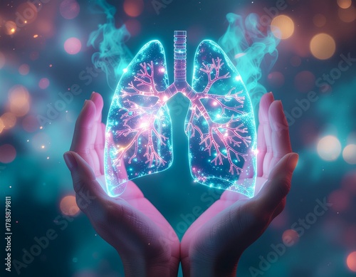 Hands Holding Glowing Digital Lungs Hologram with Futuristic Medical Concept