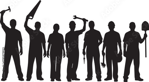 Diverse group of silhouetted people holding various tools representing international volunteer day concept
