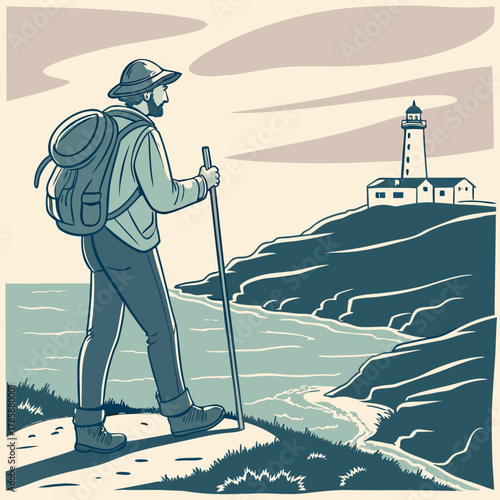 Pilgrim walking coast path to camino de santiago lighthouse