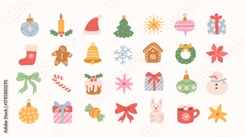 Christmas hand drawn cute vintage doodle icons. Christmas tree, gift, star, bows, candy cane, snowman, baubles, cacao, confetti, gingerbread, wreath. Holiday retro decorations. Vector illustration.