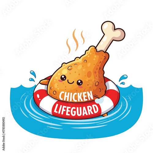 Playful illustration of a chicken leg lifeguard floating on a lifebuoy in water