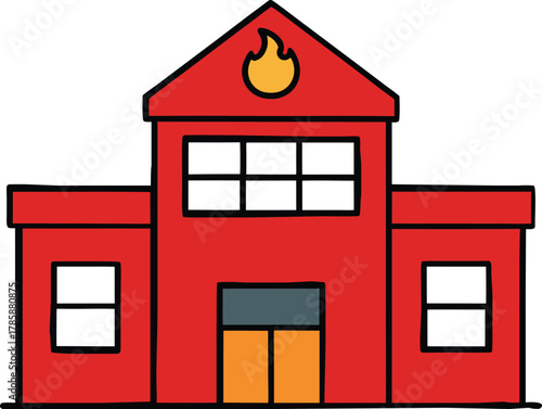 Simple red fire station building with flame emblem isolated on transparent background