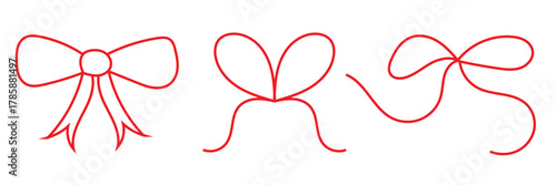 Line gift bow icon .  Minimal hand drawn design for birthday and Christmas present, wedding card, thin black rope, string decoration. 