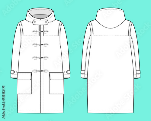 Classic Toggle Duffle Coat Technical Flat Sketch Front and Back Views.