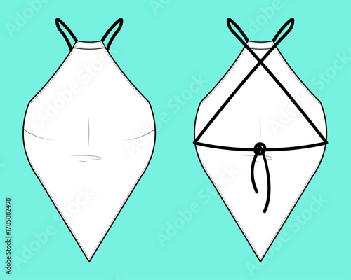 Women's Backless Off Shoulder Geometric Halter Neck Bandana Crop Top Fashion Flat sketch Template.