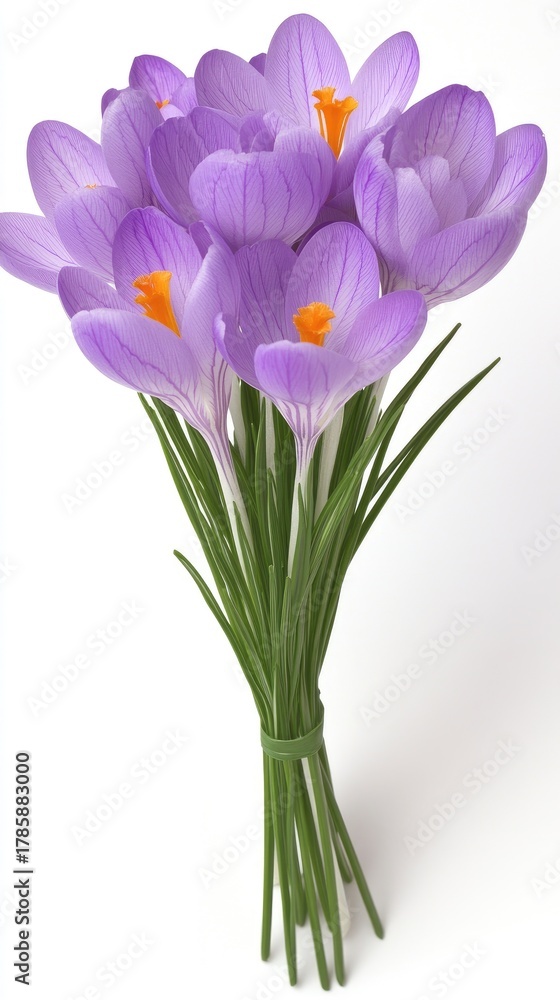 Fototapeta premium Beautiful purple crocuses arranged on a white surface, showcasing spring's arrival with vibrant colors and delicate petals for a fresh and lively feel