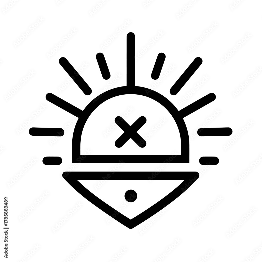 Fototapeta premium Outline icon of a stylized sun with rays, a central cross, and a triangle below