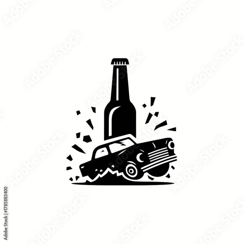 Black vector of a classic car crashing into a bottle with shattered glass debris