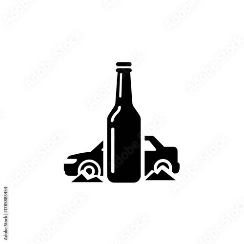 Black silhouette of a bottle between two car halves, representing drunk driving