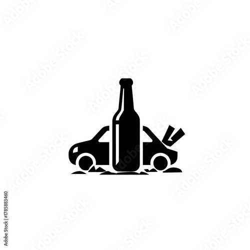Monochromatic icon of a bottle crushing two vehicles, representing impaired driving danger