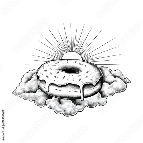 Black and white illustration of a glazed donut on clouds with a sunburst behind