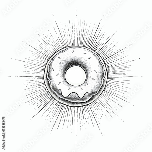 Hand-drawn black and white donut with icing, sprinkles, and radiating rays