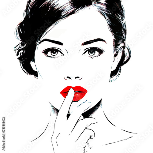 Illustration of a woman with black hair, red lips, and a finger on her mouth