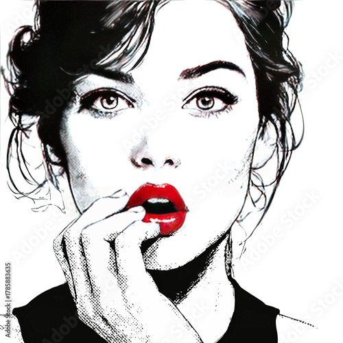 Graphic portrait of a woman with red lips, dark hair, hand to mouth, black and white