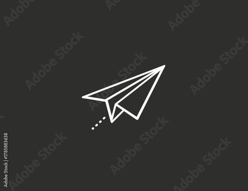 A white outline paper airplane icon with a dotted path on a dark grey background