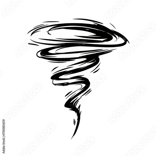 Bold brushstroke black abstract swirl illustration, dynamic vortex motion on white background