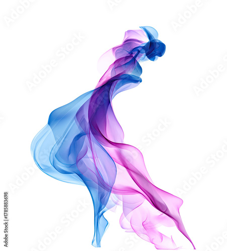 Abstract flowing blue and pink transparent fabric shapes on a white background