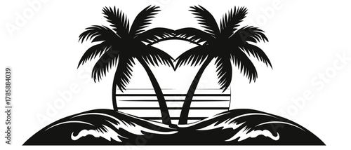 Tropical scene silhouette twin palm trees on an island, ocean waves, and a setting sun