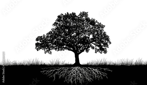 A detailed black silhouette of a tree with visible roots and grass on white background