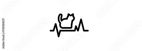 Black outline icon of a cat on an electrocardiogram heartbeat line, white background