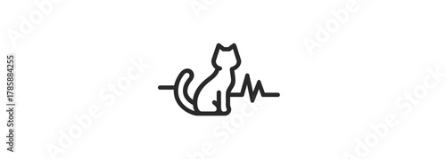 Simple outline icon of a sitting cat with a heartbeat line on white background