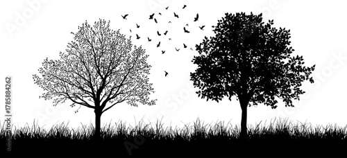 Stylized black and white silhouette landscape featuring two trees, flying birds, and grass