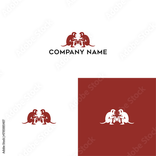 Monkeys playing video game console logo design for playful technology brand identity