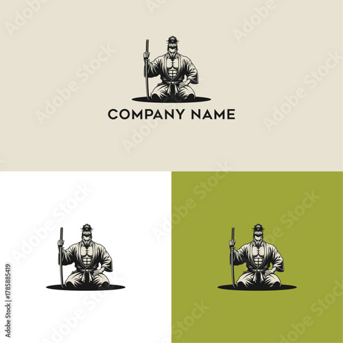 Stoic samurai warrior logo design with traditional armor and weapon presentation