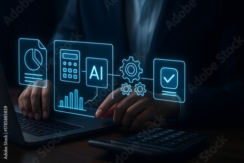AI powered accounting workflow with calculator charts gears and approval screen